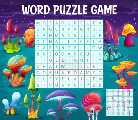 Illustration for Find a color of mushroom caps on alien space planet. Word search puzzle quiz game worksheet. Vector crossword grid, kids brainteaser with cartoon fungi and latin letters at square field, task page - Royalty Free Image