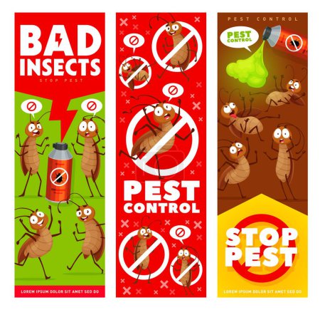 Illustration for Pest control. Cartoon cockroach characters. Insect parasites extermination, pest control service or insecticide spray vertical banners or posters with frightened bug, funny cockroach personage - Royalty Free Image