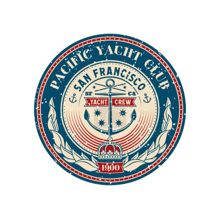 Illustration for Yacht club retro patch, regatta sport badge. Yachting race crew stamp, nautical regatta vintage vector symbol or marine adventure patch. Sea navigation grunge badge with anchor, crow and laurel wreath - Royalty Free Image