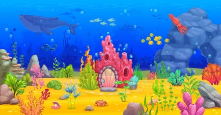 Cartoon coral reef house, game level underwater landscape. Underwater aquatic life landscape background, sea water world scene or game level backdrop with coral reef animals and fantasy dwelling