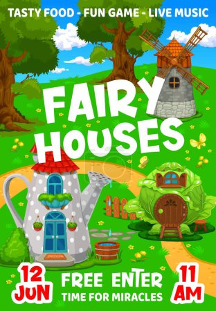 Illustration for Fairytale party flyer, cartoon house buildings and house dwellings, vector kids entertainment poster. Fairy house in cabbage, watering can pot or windmill, fantasy village for kids party invitation - Royalty Free Image