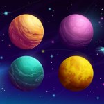 Cartoon space planets in galaxy sky or fantasy alien worlds, vector background. Outer space extraterrestrial planets or fantastic earth with lava or ice craters in starry sky with asteroids and comets