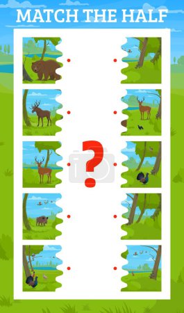 Illustration for Match the half of cartoon hunting forest animals and birds. Kids vector game worksheet with turkey, duck, boar, goose, bear, deer, fox, hare, elk and lynx wildlife creatures in summer wood riddle task - Royalty Free Image