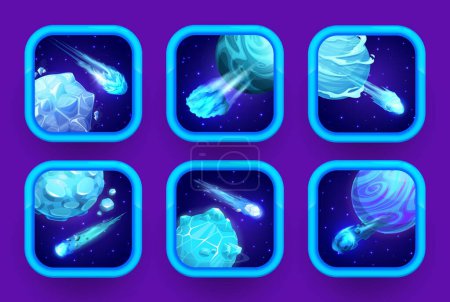 Illustration for Cartoon space game app icons. Blue ice planets and asteroids. Cellphone application UI, console arcade vector buttons or computer game GUI, videogame rounded icons with blue fantastic planets, comets - Royalty Free Image