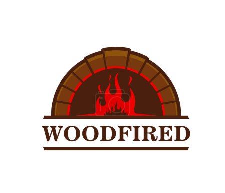 Illustration for Firewood in brick fireplace, fire oven and wood stone hearth, vector icon. Bakery furnace, firewood cooking stove with flame burn, vintage fireplace and hearth symbol for woodfired food restaurant - Royalty Free Image
