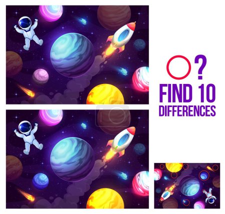 Illustration for Find ten differences. Cartoon astronaut in outer space kids game puzzle quiz. Vector worksheet of picture matching game with space landscape, rocket, planets, stars and spaceman with helmet and suit - Royalty Free Image