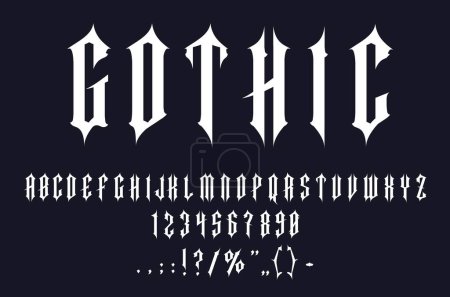 Illustration for Gothic font, Medieval type or tattoo typeface and antique alphabet, vector typography. Vintage Gothic font letters, retro old Medieval typographic text with goth art signs and antique typeset script - Royalty Free Image