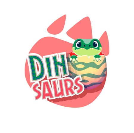 Ilustración de Dinosaurio bebé, huevo de dino y huella. Lindo personaje de vectores de animales de dinosaurios de dibujos animados, divertido monstruo dragón o bebé estegosaurio eclosionando de huevo con cáscara rayada y huella de dino rosa - Imagen libre de derechos