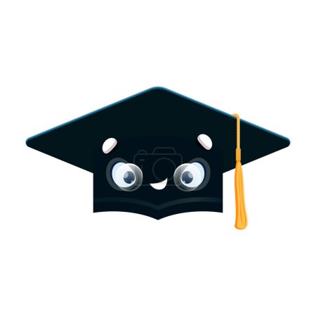 Illustration for Cartoon student graduation cap with face, back to school vector education character. Funny graduate student hat or college degree cap emoji or emoticon with yellow tassel for school graduation - Royalty Free Image