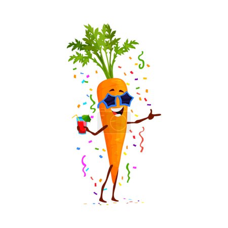 Illustration for Cartoon funny carrot vegetable character on birthday, anniversary holiday. Birthday greeting, holiday event or anniversary party cute vegetable vector personage with cocktail drink glass, sunglasses - Royalty Free Image