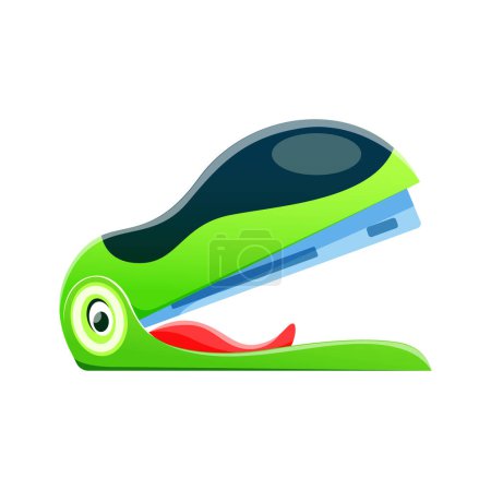 Illustration for Cartoon stapler, school character and education mascot, vector funny smile. Back to school emoji or emoticon of cute happy stapler with crocodile face, kids comic school stationery supply character - Royalty Free Image