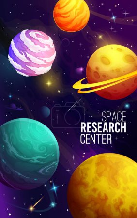 Illustration for Cartoon alien galaxy planets, space travel poster. Galaxy adventure, cosmos flight or astronomy research vector flyer or poster. Outerspace travel leaflet or vertical banner with fantastic planets - Royalty Free Image