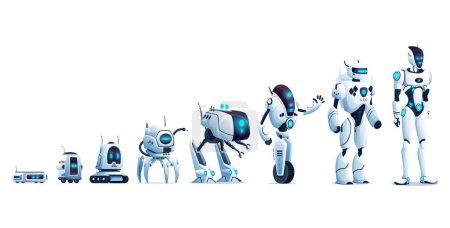 Ilustración de Evolución de robots en tecnología de inteligencia artificial, caracteres vectoriales. Evolución de robots, tecnología digital e innovación futura, progreso de robots informáticos de IA, desarrollo de androides cibernéticos o androides cyborg - Imagen libre de derechos