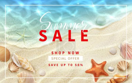 Illustration for Summer sale banner, realistic seashells, stones and starfish, vector seaside top view. Summer sale background for promotion special offer, shop seasonal discount promo banner with shells on beach - Royalty Free Image