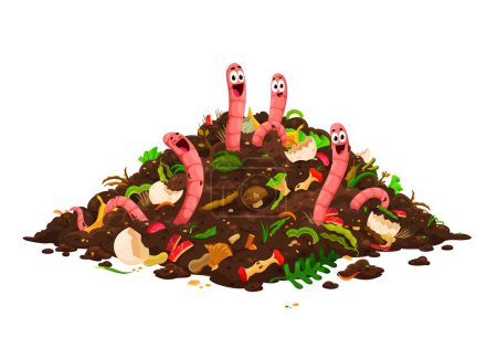 Cartoon-Kompostwurmfiguren in der Erde. Vereinzelt ragen lustige Regenwürmer mit lächelnden Gesichtern aus dem Komposthaufen mit organischen Abfällen. Nützliche Insekten im Garten, wirbellose Schädlinge in der Natur