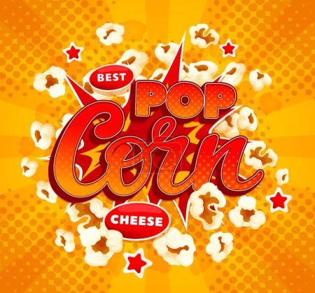 Illustration for Popcorn snack explosion. Cartoon movie cheese pop corn burst. Party fluffy snack, fast food sweetcorn or cinema crunchy meal vector backdrop, takeaway salty or sweet dessert halftone background - Royalty Free Image