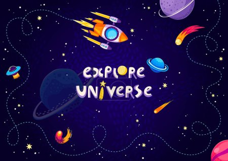 Illustration for Cartoon space background, spaceship and stars. Vector cosmic landscape, rocket investigation. design for kids with flying shuttle and creative childish typography explore Universe in dark starry sky - Royalty Free Image