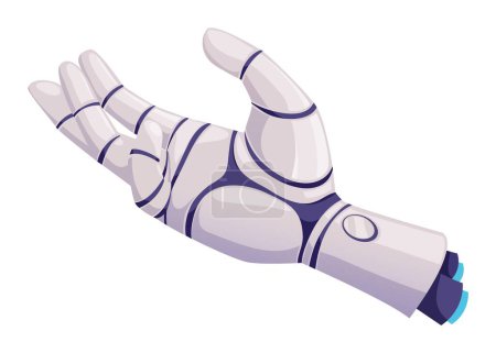 Téléchargez les illustrations : Main humaine, bras robot futuriste avec doigts en métal. Innovation vectorielle technologie artificielle prothèse mécanique robotique droïde cyborg - en licence libre de droit