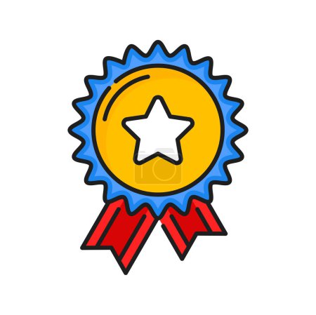 Illustration for Quality rating rosette medal with rank star and ribbon vector icon. Gold award, winner trophy and reward isolated line symbol, premium and best quality product guarantee certificate seal and stamp - Royalty Free Image