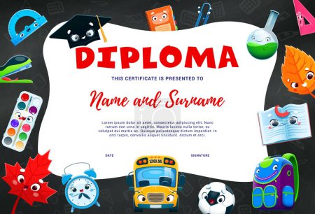 Illustration for Kids education diploma. Cartoon school supplies characters on blackboard. Vector certificate with funny protractor, mortarboard, notebook and clip. Beaker, autumn leaves, bus and backpack or paints - Royalty Free Image