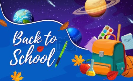 Illustration for Landing page or back to school poster, cartoon space planets and education supplies. Vector design with student stationery and planets in cosmos. Learning items rucksack, apple, ball, paints or leaves - Royalty Free Image