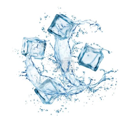 Illustration for Frozen ice cubes in water splashes, realistic liquid wave and transparent crystals. Isolated 3d vector refreshing swirl with iced blocks and melting droplets. Cocktail, fresh drink and icy pieces - Royalty Free Image