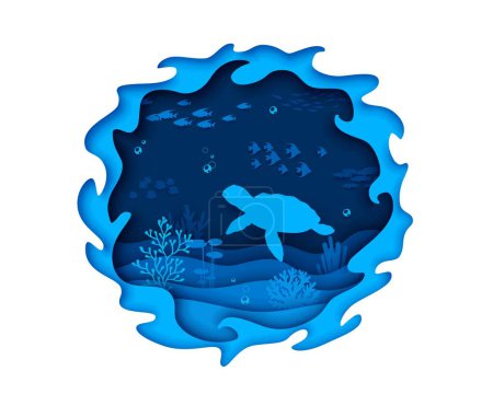 Téléchargez les illustrations : Papier marin coupé paysage sous-marin avec des silhouettes de tortues et de bancs de poissons. Cadre ondulé rond vecteur 3d avec scène sous-marine sereine de récifs coralliens et de plantes marines, reptile et banc de poissons en profondeur - en licence libre de droit