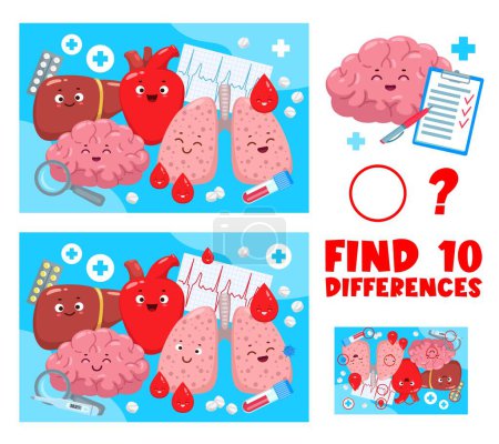 Illustration for Find ten differences quiz. Cartoon human body organ characters. Difference search kids game, objects comparing child quiz vector worksheet with liver, brain, heart and lungs happy organs personages - Royalty Free Image