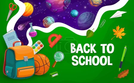 Illustration for Paper cut back to school poster. Space planets and cartoon schoolbag with stationery, vector education. Student supplies, pen, scissors, bag and ruler on papercut layered background with stars - Royalty Free Image