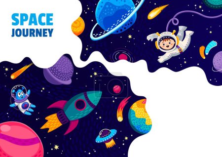 Illustration for Cartoon space poster. Astronaut, alien, rocket and space planet in outer starry galaxy landscape. Vector funny cosmonaut float in weightlessness among spaceship, asteroids and stars, interstellar trip - Royalty Free Image