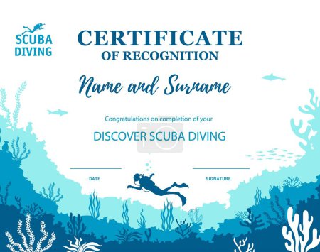 Certificat de plongeur, modèle de diplôme club de plongée. Diplôme, diplôme professionnel ou certificat vectoriel de qualification de compétition sportive de plongée avec silhouette d'algues marines au fond de l'océan