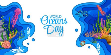Téléchargez les illustrations : Bannière de la Journée mondiale de l'océan. Caricature papier marin paysage coupé avec des algues et des animaux. Fond vectoriel de l'océan bleu avec des poissons tropicaux, calmars et méduses, monde sous-marin avec des frontières en couches 3D - en licence libre de droit
