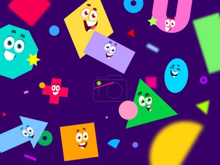Illustration for Math shape characters background. Vector pattern with semicircle, rectangle, rhombus, triangle and square, oval, cross, hexagon and arrow or arch geometric figure personages with happy smiling faces - Royalty Free Image