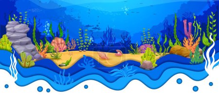 Illustration for Cartoon sea underwater paper cut landscape with seaweeds, seashells, corals and reefs. Vector ocean bottom, blue water waves, marine animals, bubbles, fish and dolphins with 3d layered papercut border - Royalty Free Image