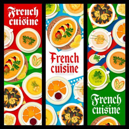 Illustration for French cuisine restaurant food banners vector fish souffle, creme du barry, pumpkin cream soup. Deep fried camembert cheese with cranberry sauce, seafood soup bouillabaisse, onion soup France dishes - Royalty Free Image