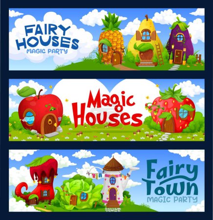 Illustration for Cartoon fairytale house building, vector banners with fantasy magic houses and dwellings. Cute homes on green field. Boot, pear and cabbage. Apple, strawberry, eggplant, pineapple and watering can - Royalty Free Image