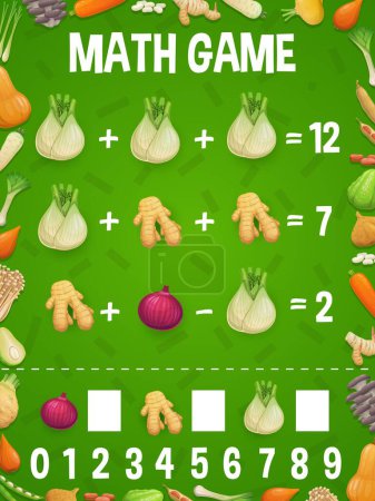 Illustration for Math game worksheet, cartoon ginger and onion vegetables, vector mathematics quiz. Math game puzzle for addition and subtraction calculation skills training with ginger, shallot and red onions - Royalty Free Image