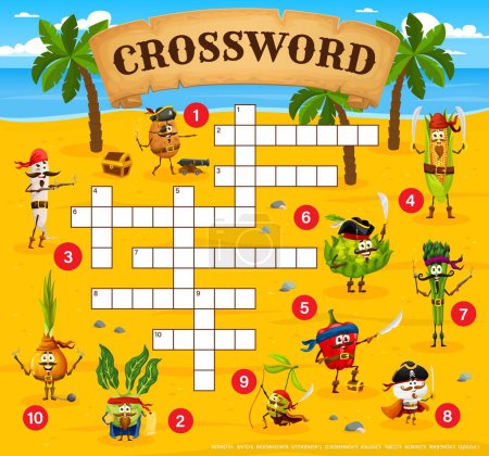 Illustration for Crossword quiz game grid. Cartoon vegetable pirates and corsairs characters. Word search puzzle, vocabulary quiz, crossword vector grid with funny potato, daikon radish and onion, romanesco, asparagus - Royalty Free Image