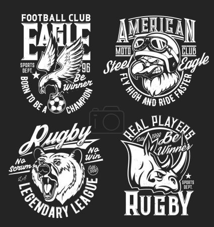 Illustration for Bear, rhino and eagle mascots and t-shirt prints for sport club, vector badges. Rugby players and football soccer league team or moto bikers club t-shirt prints with mascot bear, rhinoceros and eagle - Royalty Free Image