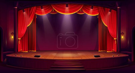 Escenario de teatro de dibujos animados con cortinas rojas, focos y suelo de madera. Interior del teatro vectorial, escena vacía con cortinas de terciopelo de lujo y decoración. Sala de música, ópera, teatro de fondo