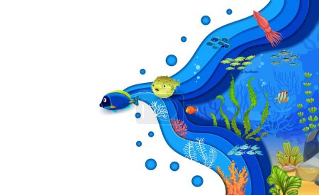 Illustration for Cartoon tropical fish and squid on sea paper cut landscape with seaweeds and corals. Ocean bottom vector background with blue water waves papercut borders, algae, bubbles, puffer and clown fish - Royalty Free Image