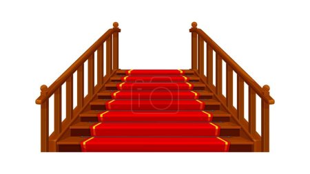 Illustration for Castle and palace staircase. Wooden stairs with red carpet of medieval royal, fantasy and fairy tale building interior vector element. Cartoon wood staircase or stairway with rails and balustrades - Royalty Free Image