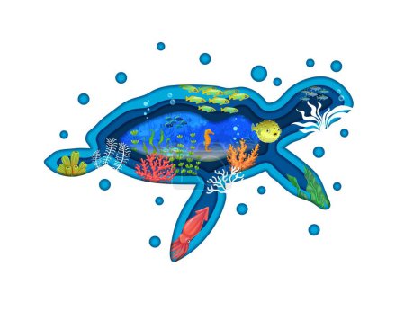 Cartoon sea turtle paper cut silhouette with underwater landscape of vector tropical fish, seahorse, squid and puffer. Ocean coral reef bottom with blue water waves and seaweeds, double exposition