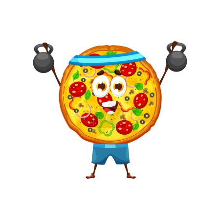 Ilustración de Personaje de pizza de dibujos animados con pesas de entrenamiento. Personaje vector de comida rápida de pizza italiana pepperoni levantando pesas, haciendo ejercicios deportivos con la cara feliz. Lindo emoji de pizzería o gimnasio - Imagen libre de derechos