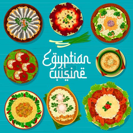 Illustration for Egyptian cuisine restaurant menu cover, Egypt food dishes and meals, vector poster. Egyptian cuisine traditional lunch and dinner soup, pilaf rice and couscous with lamb or chicken, lentils and tomato - Royalty Free Image