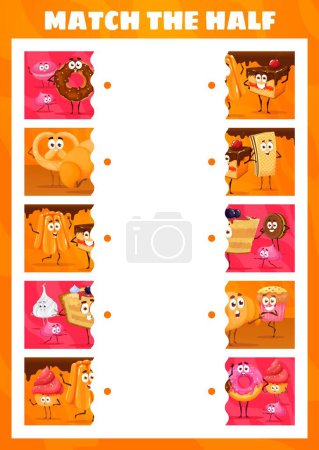 Illustration for Match the half of cartoon bakery, sweets and dessert characters. Vector game worksheet with funny confectionery personages donut, cake, pretzel and pie. Cupcake, meringue or baba with croissant - Royalty Free Image