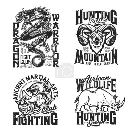 Dragon, rhino, goat and fish sport club mascots and t-shirt prints, apparel vector template. African wild animals, mythical beast and carp fish monochrome typography mockup for hunting and fight sport
