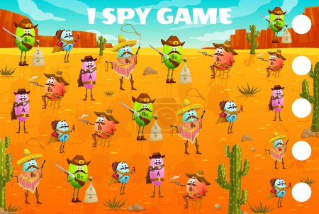 Illustration for Wild west I spy game worksheet, vitamin cowboy, sheriff, ranger and bandit characters, vector quiz. Cartoon vitamins as Texas cowboy with horse and lasso, kids puzzle riddle to find two same - Royalty Free Image
