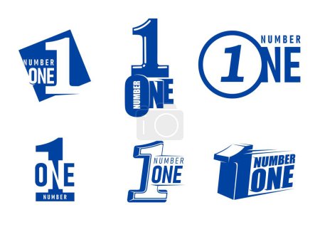 Illustration for Number one icons set, first place and business leader vector symbols. Number 1 isolated signs with blue and white digits for achievement award, winner prize and best quality labels, success theme - Royalty Free Image