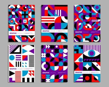 Illustration for Bauhaus business posters. Geometric abstract background patterns. Business presentation flyer template with abstract geometrical shapes, corporate identity vector posters with Bauhaus vintage patterns - Royalty Free Image